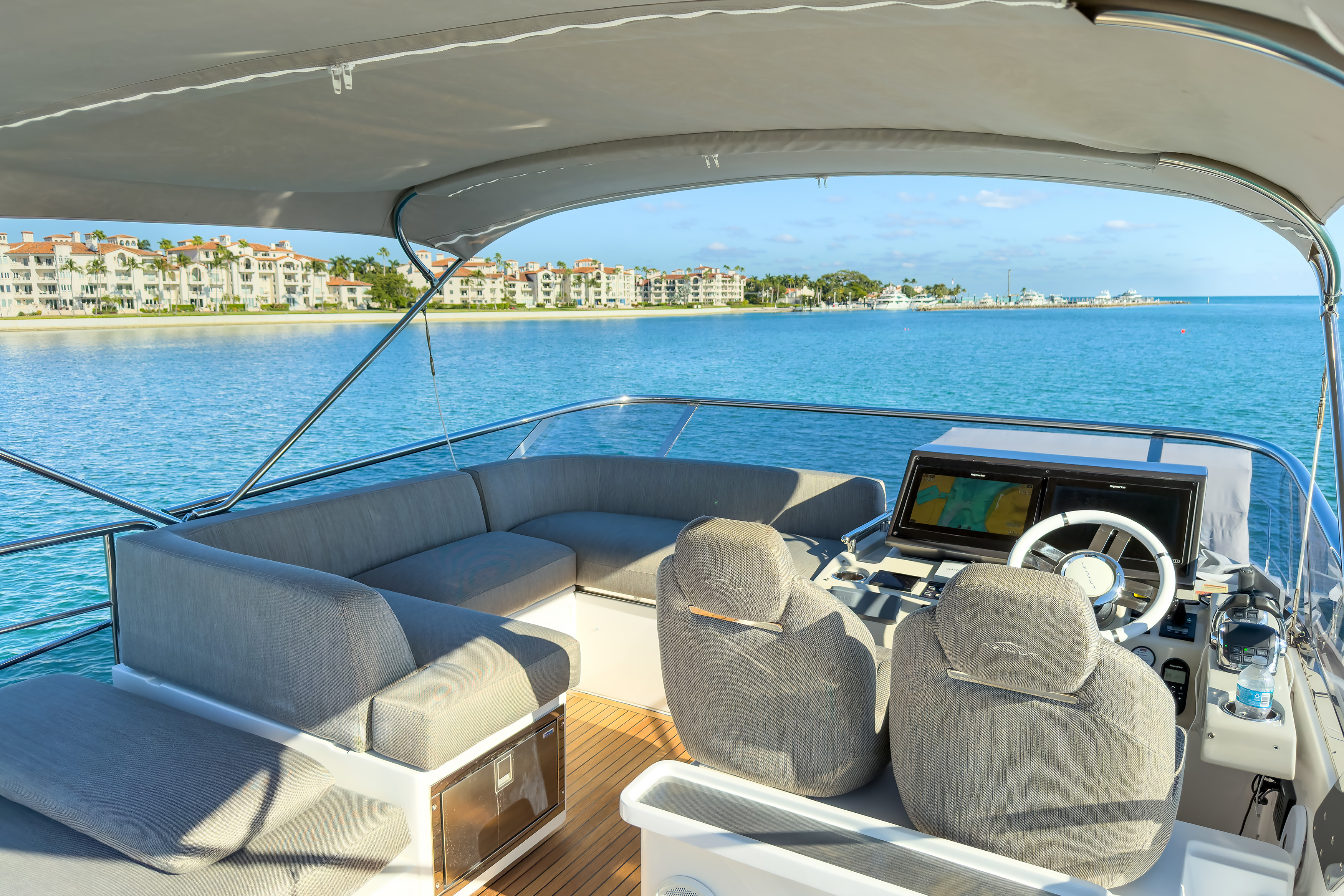 Flybridge helm with dual captain seating and navigation