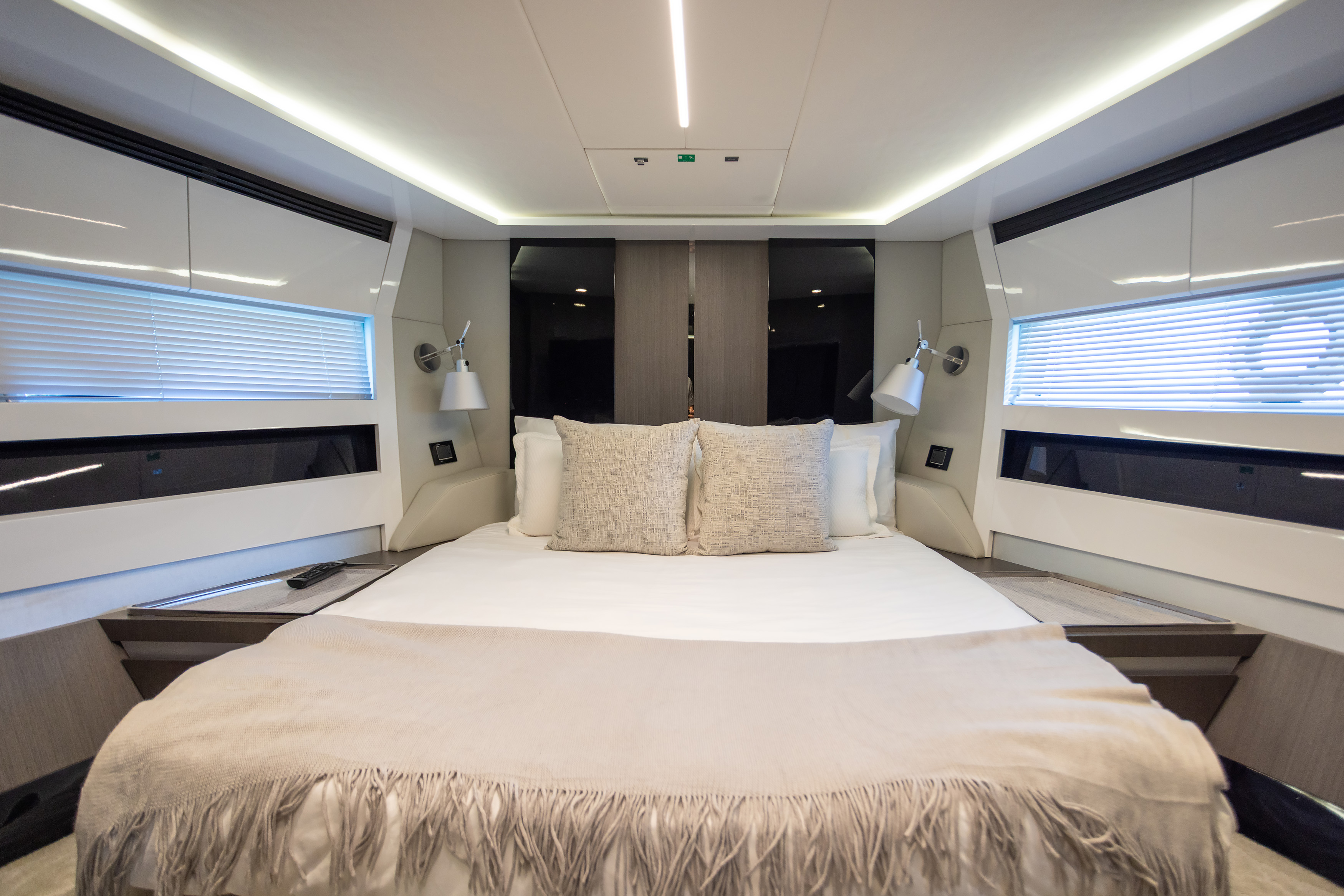 Master stateroom with queen bed and dual nightstands