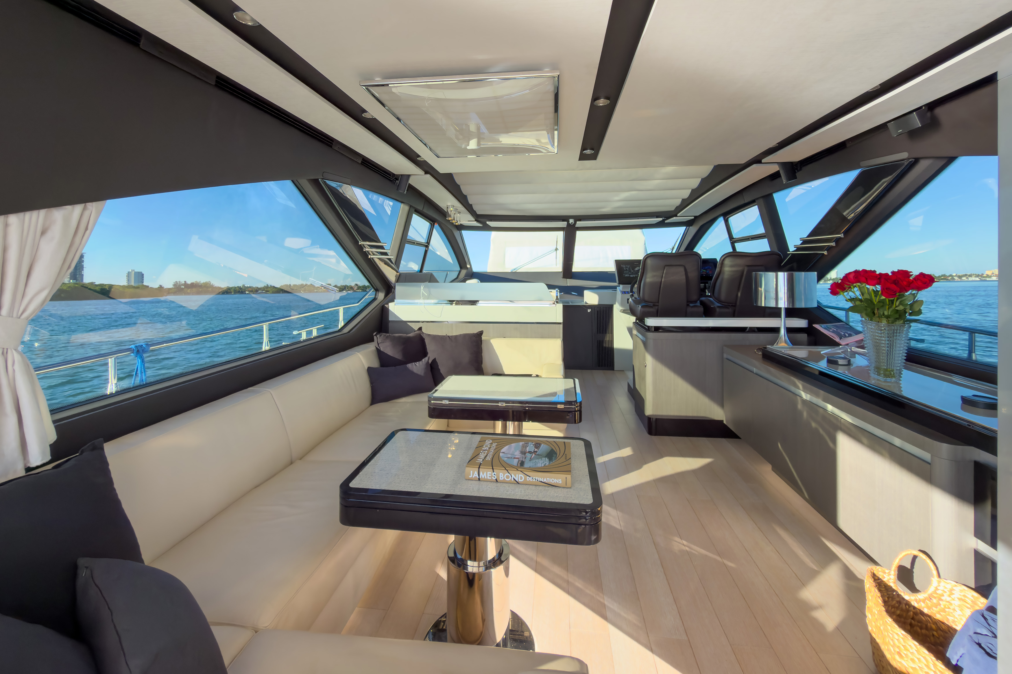 L-shaped salon seating with red roses