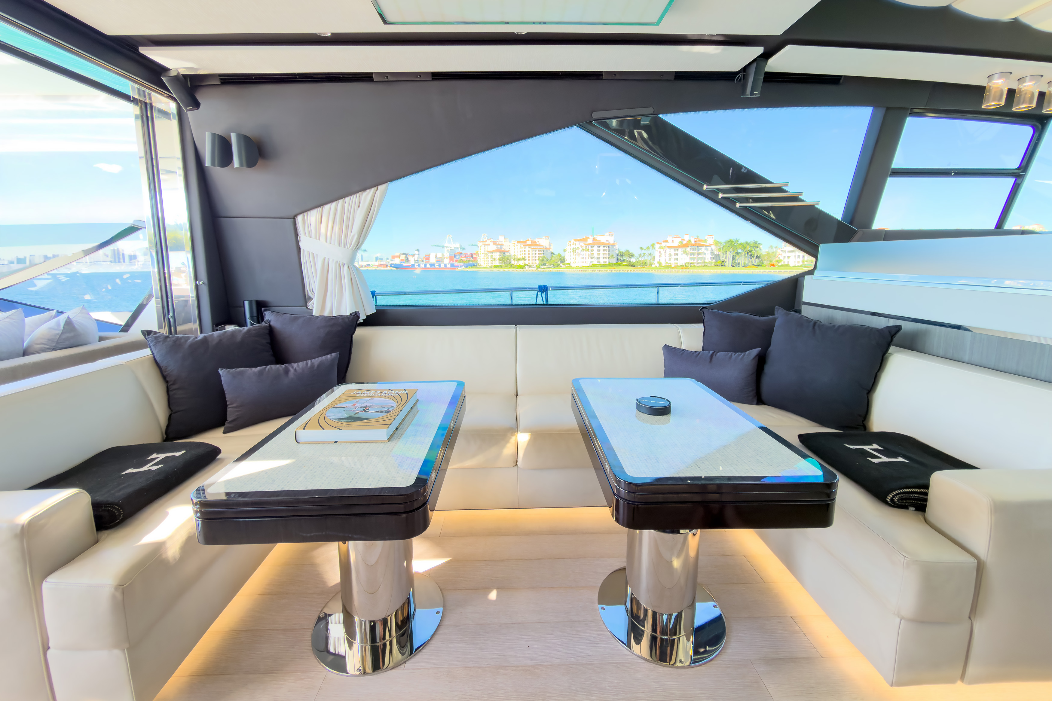 Panoramic interior salon of the luxury yacht