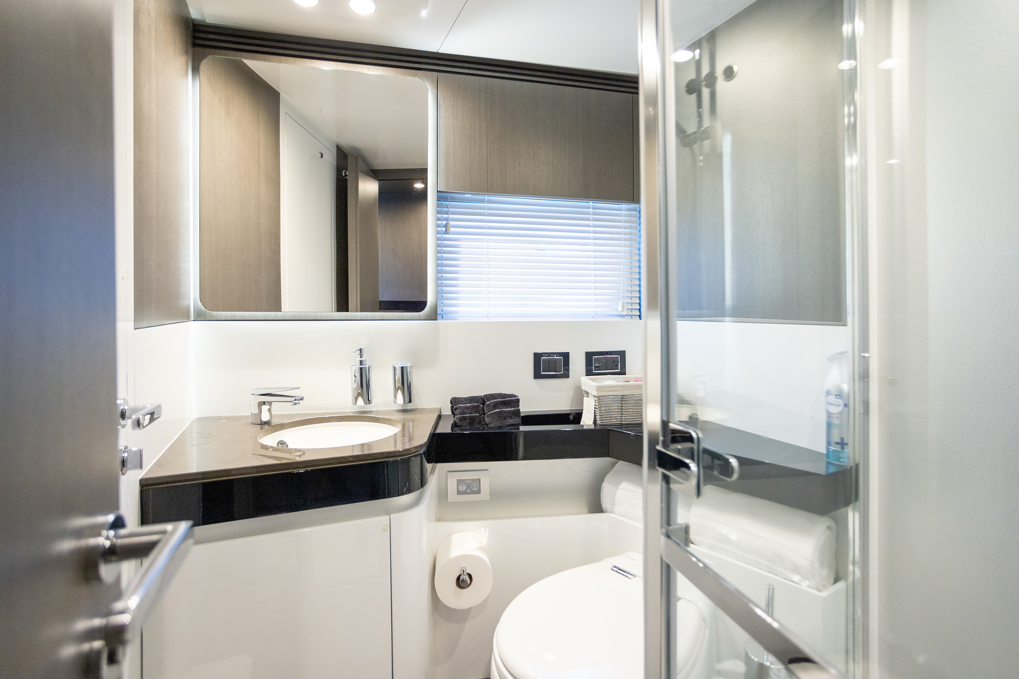 Ensuite bathroom with glass shower and marble countertop
